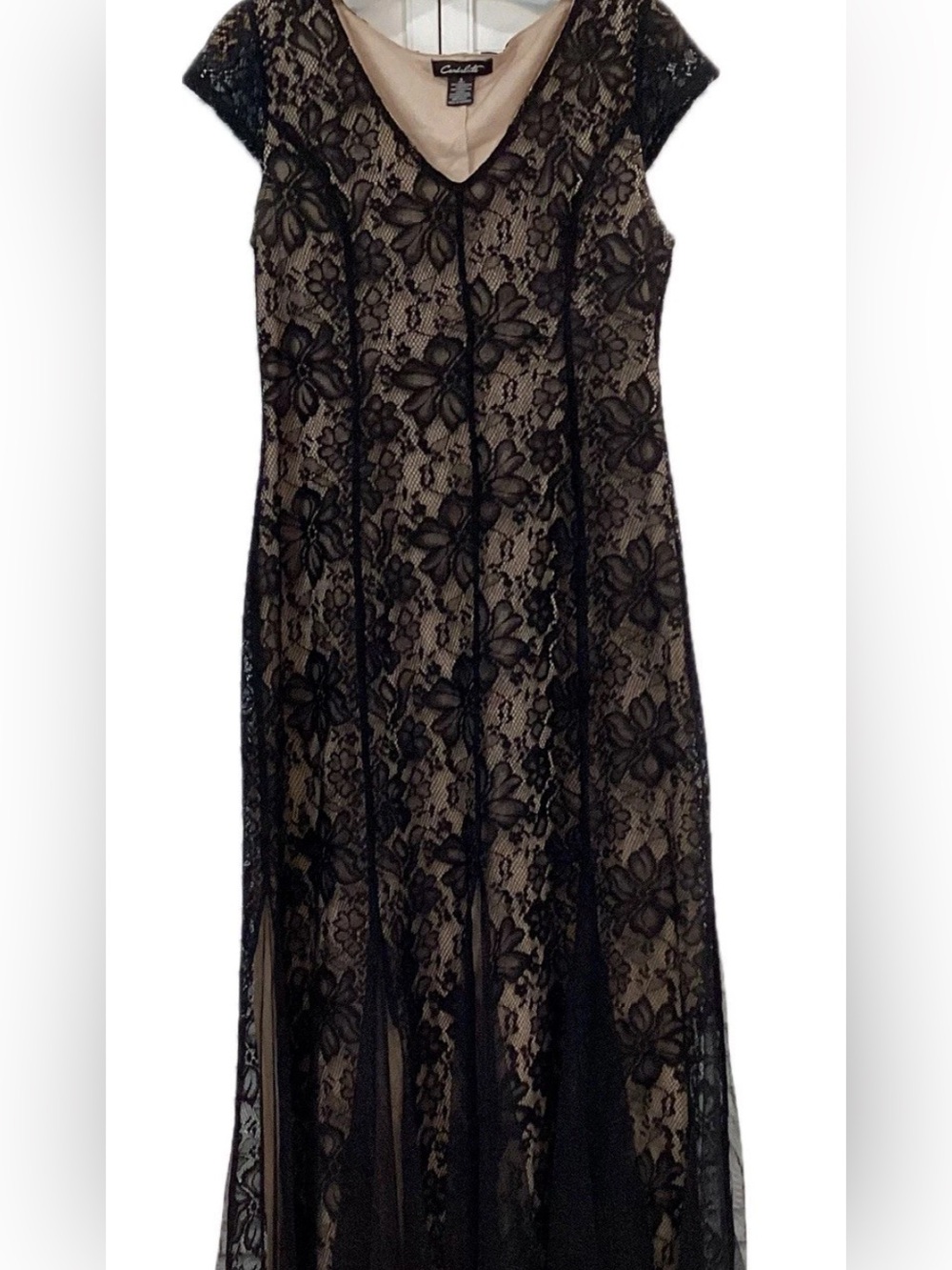 Candalite Black Lace Maxi Dress Gown Nude Lining V-Neck Godet Formal Small S